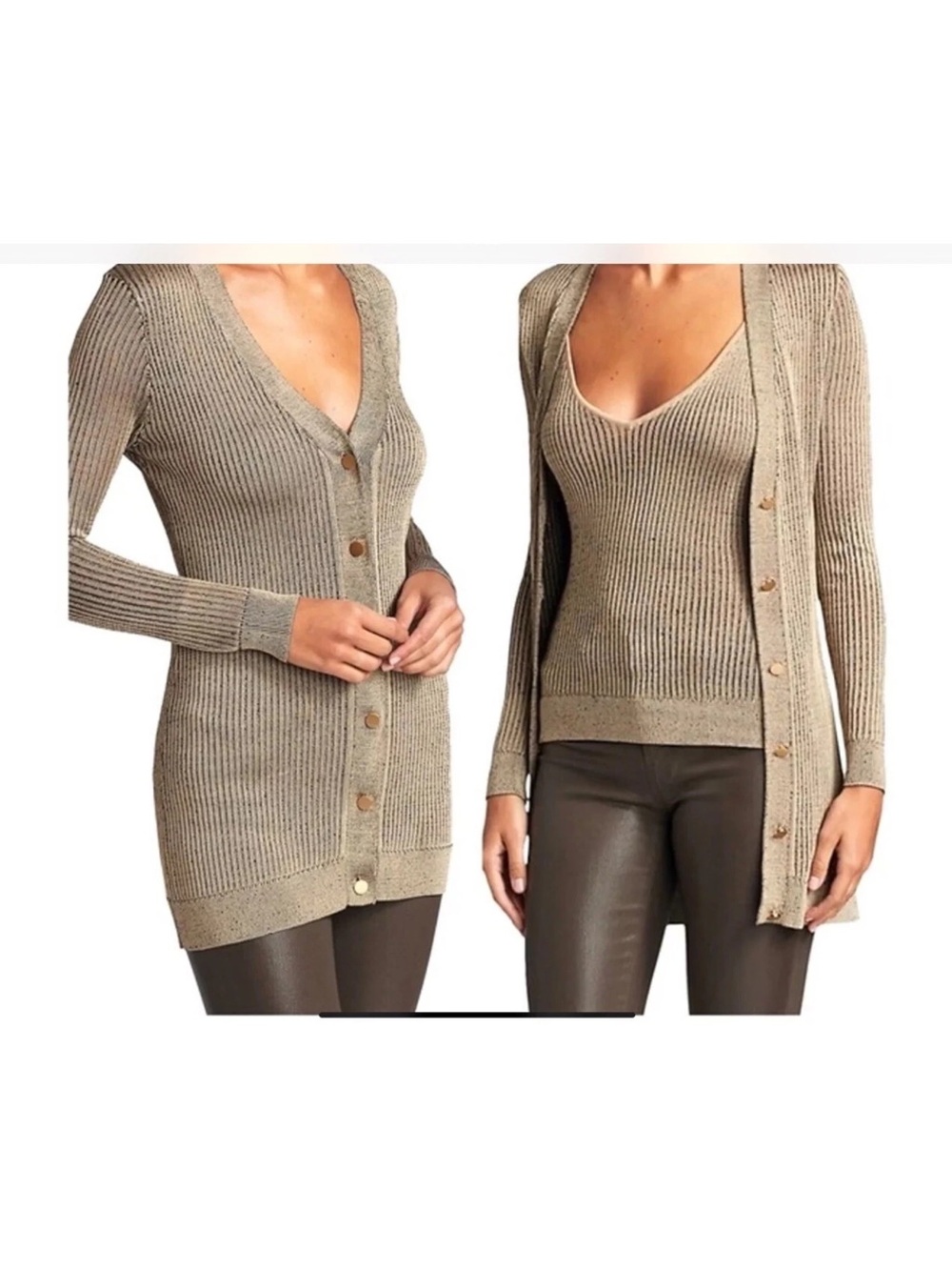 L'AGENCE Millie Cardigan Long Ribbed Taupe Gold Metallic